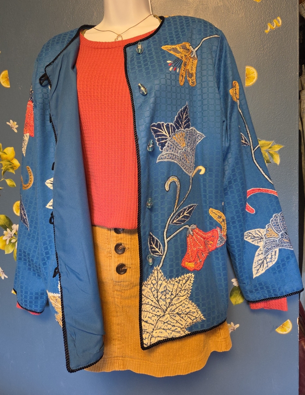 Vtg Indigo Moon Floral Lace & Embroidery With Glass Buttons Jacket Sz L